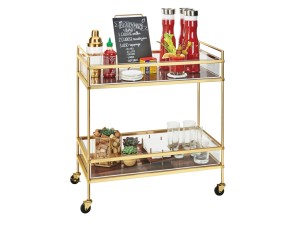 Mid-Century Brass Beverage Cart with 2 Walnut Shelves - Brass