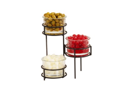 Madison 11" x 11" x 12 1/4" Black 3-Tier Condiment Display with (3) 32 oz. Jars