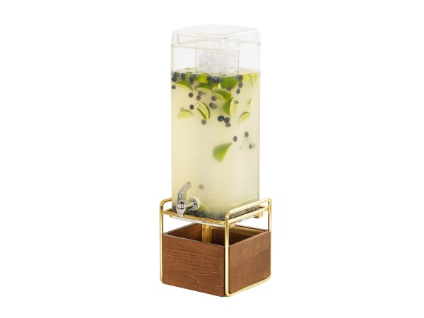 Mid-Century 3 Gallon Square Beverage Dispenser with Walnut and Brass Base and Ice Chamber