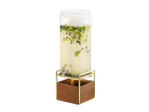 Mid-Century 3 Gallon Square Beverage Dispenser with Walnut and Brass Base and Ice Chamber